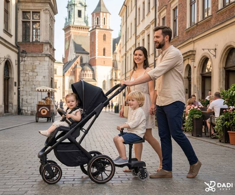 Rodzina wygodnie zwiedza Kraków z dwójką dzieci – starszak na dostawce do wózka z siedziskiem Colibro Board